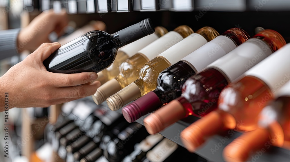 Close-up of man's hand reaching for a wine bottle in a supermarket, surrounded by various options of red, white, and ros wines