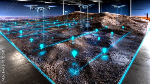Obraz na płótnie Military tech uses drones and holograms for strategy in a simulated environment w salonie