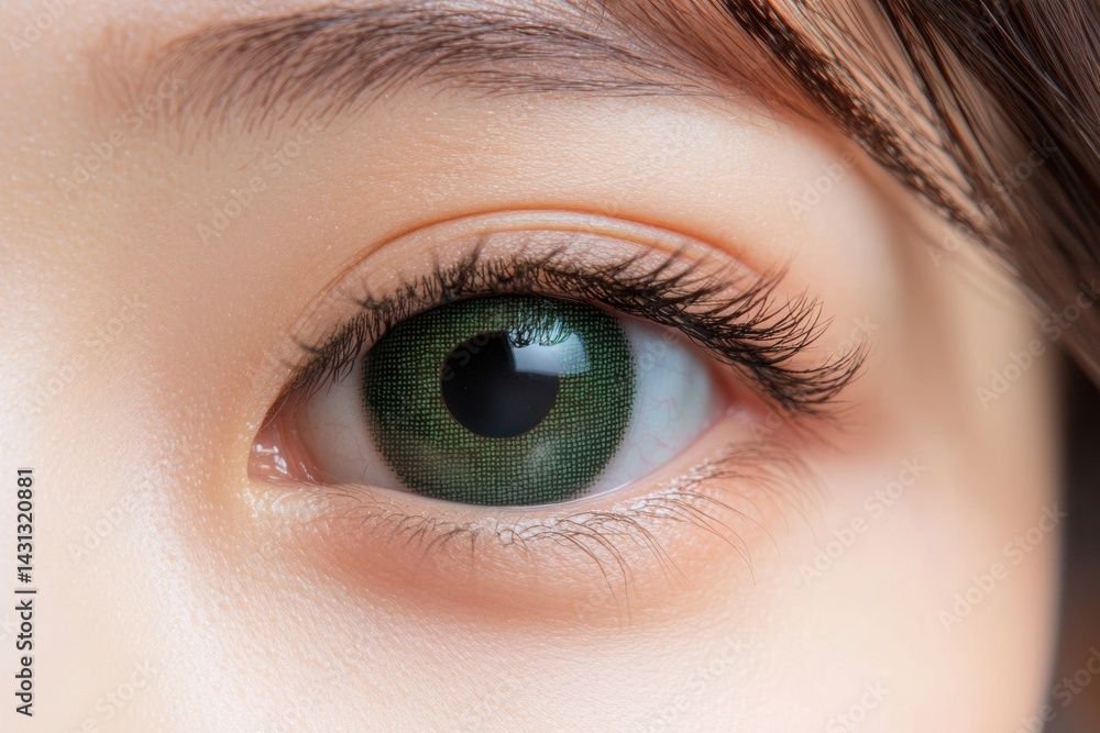 Obraz premium Close-up of young asian female with green eye and lush eyelashes