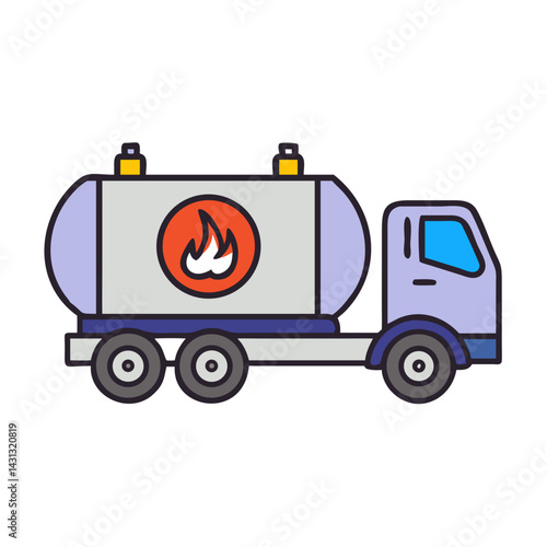 Cartoon fuel truck with tank and flame symbol on black background