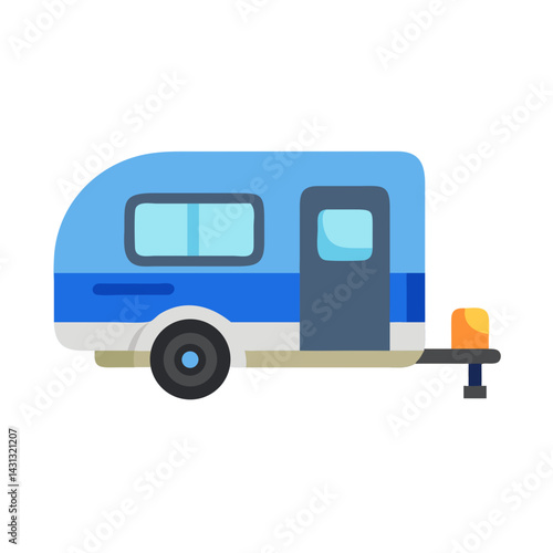 Cartoon Blue and White Teardrop Camper Trailer with Door Open