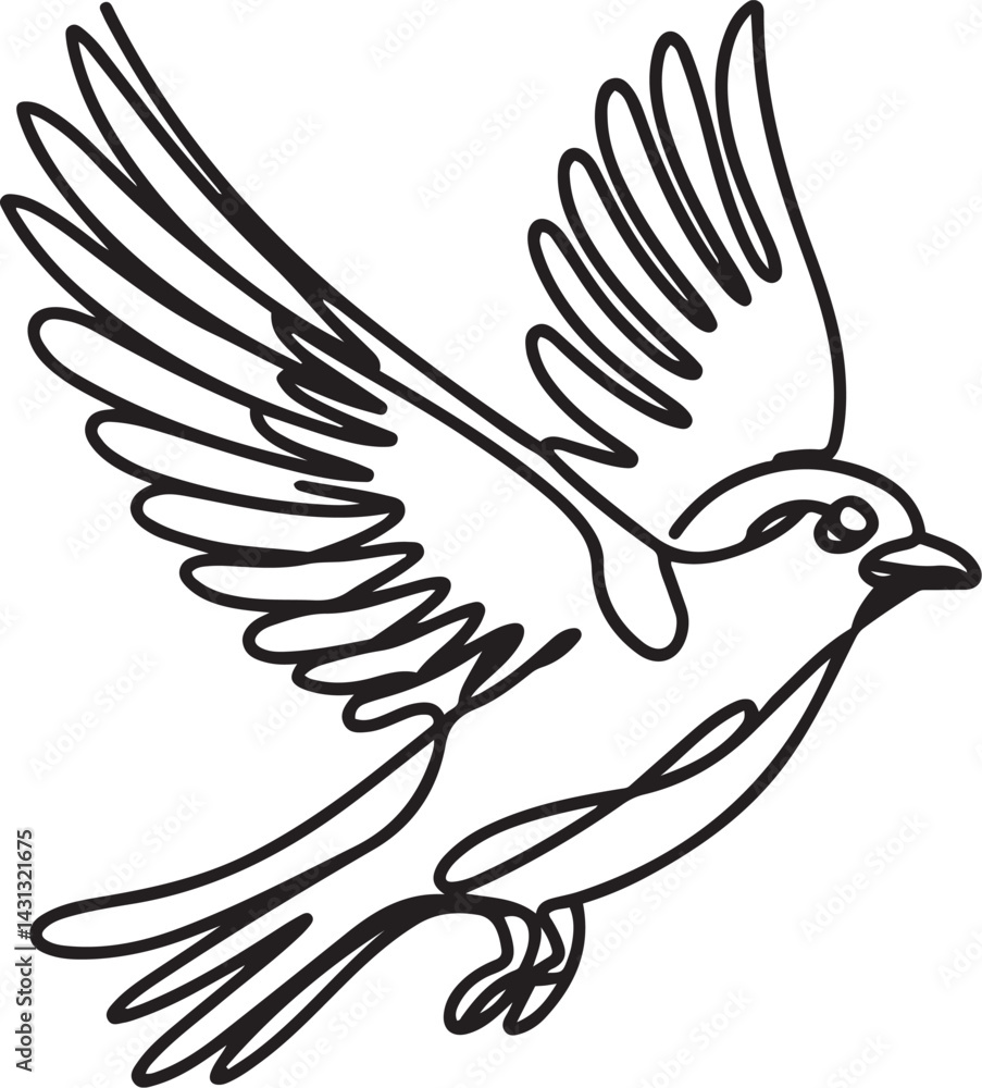 Obraz premium Black and white line art drawing of a cartoon bird flying with wings outstretched and large expressive eyes isolated on a white background in vector illustration