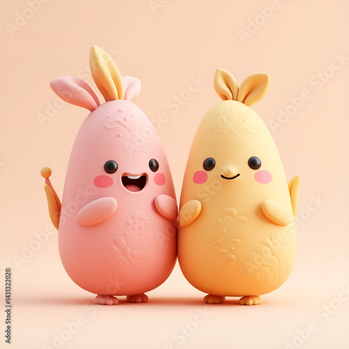 Cute 3D Bunny-Inspired Cartoon Characters – Pink and Yellow Duo with Happy Expressions