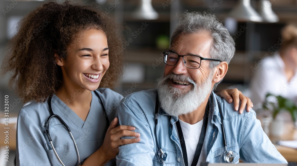 Happy young nurse interacts with elderly man in wheelchair, creating a warm and caring atmosphere in a cozy home-like environment