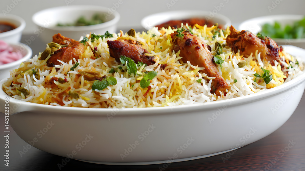 Authentic Hyderabadi Chicken Biryani with Fragrant Rice and Spices Served in a White Bowl Authentic Hyderabadi Chicken Biryani with Fragrant Rice and Spices Served in a White Bowl
