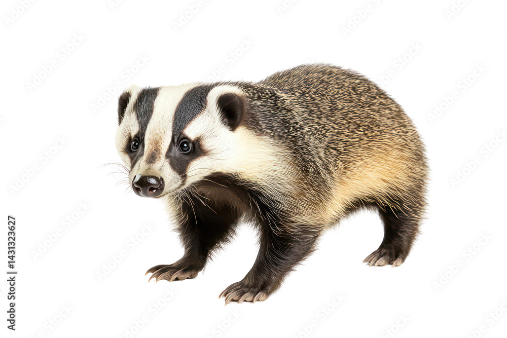 Fototapeta premium Curious Badger Portrait: A curious badger with its distinctive black and white stripes stands alert, facing the camera with a playful, almost mischievous look in its eyes. The badger's short.