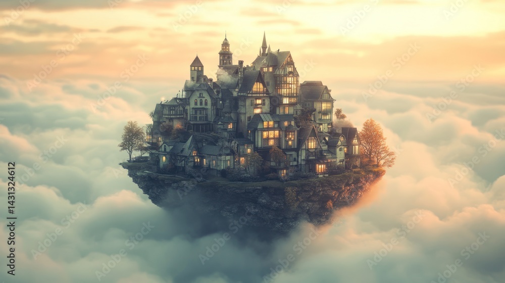 Naklejka premium Enchanted Cloud Village: A Fairytale Town Nestled Among the Clouds at Sunset