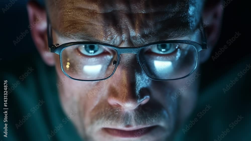 A focused individual wearing glasses gazes intensely into the camera with dramatic lighting A focused individual wearing glasses gazes intensely into the camera with dramatic lighting