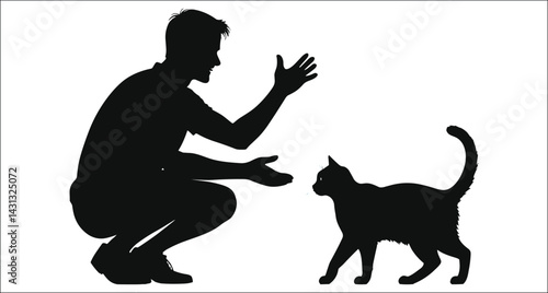 Man And Cat Silhouette Isolated On White Background Vector Illustration