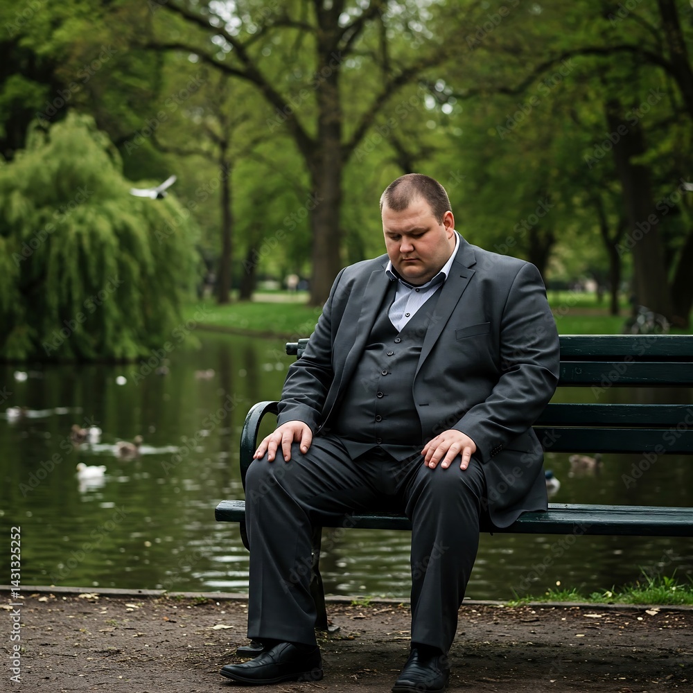 Obraz premium Sad Man in Suit Sitting on Bench by Pond in Park