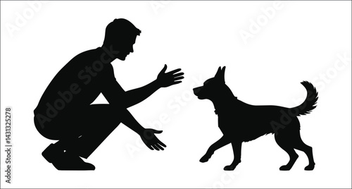 Man And Dog Silhouette Playing Together Training Dog Owner Interaction