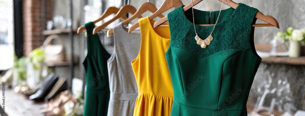 Elegant apparel and accessories are beautifully displayed on hangers in a luxury fashion store with a vintage brick wall backdrop