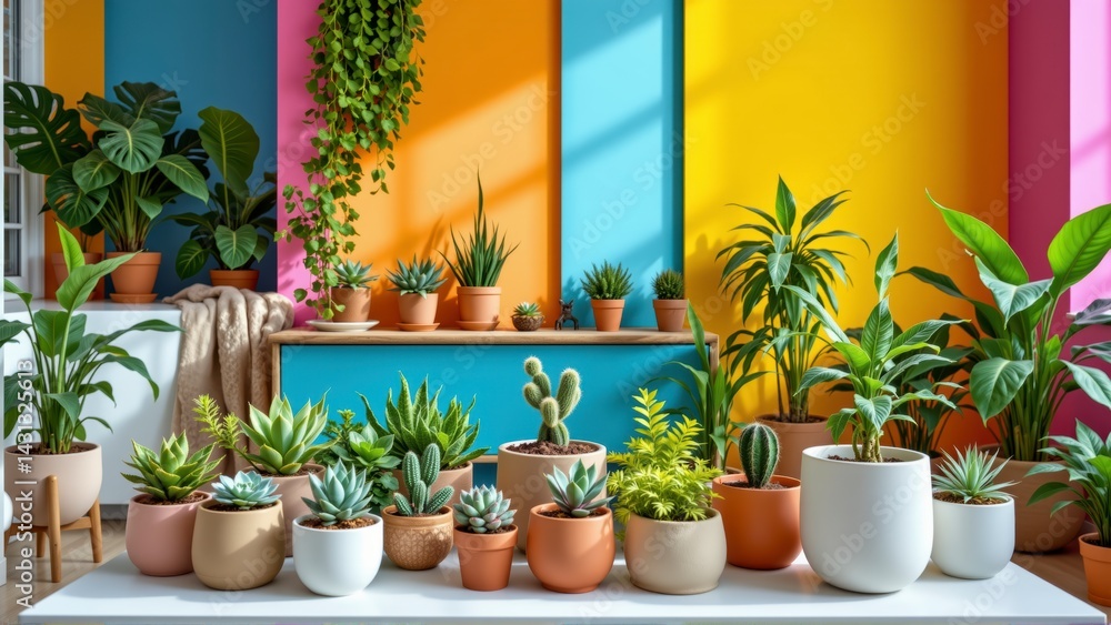 Fototapeta premium Colorful Interior with Various Potted Plants in Modern Decor Setting