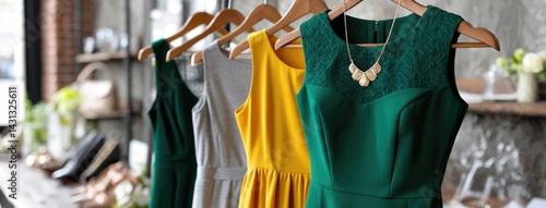 Obraz na płótnie Elegant apparel and accessories are beautifully displayed on hangers in a luxury fashion store with a vintage brick wall backdrop w salonie