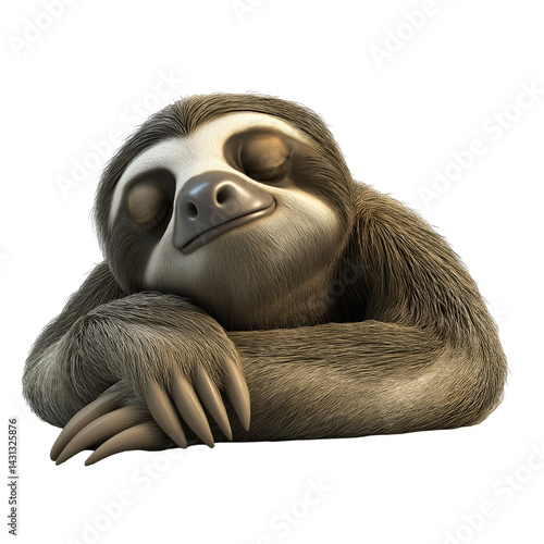 A sleepy sloth with defined outlines, limbs, claws, and facial features separated clearly, full frame and isolated on a white background