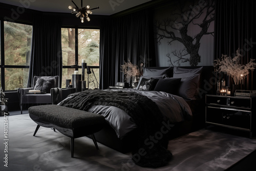 A well-decorated black bedroom