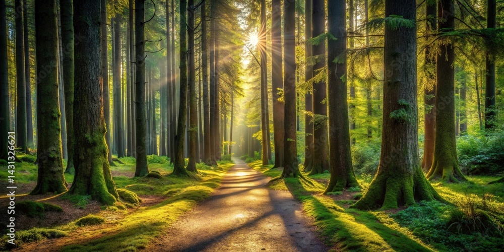 Fototapeta premium Sunlit Pathway Through a Lush, Moss-Covered Forest with Golden Hour Light Streaming Through the Trees