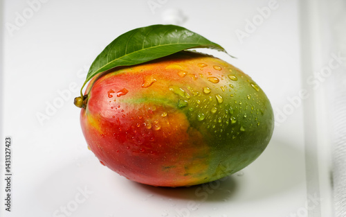 Lustrous dewy mango with radiant red-to-gold gradient skin, jeweled with droplets, crowned by a lush green leaf