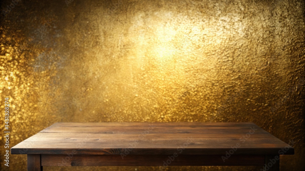 Dark Wooden Tabletop Against a Golden Textured Wall Backdrop for Product Display and Presentation Dark Wooden Tabletop Against a Golden Textured Wall Backdrop for Product Display and Presentation