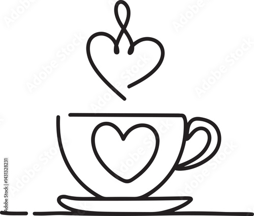 Black and white minimalist vector illustration of a coffee cup on a table with heart-shaped steam drawn in continuous line art style