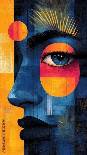 Abstract face portrait with blue skin and geometric shapes in orange and yellow.