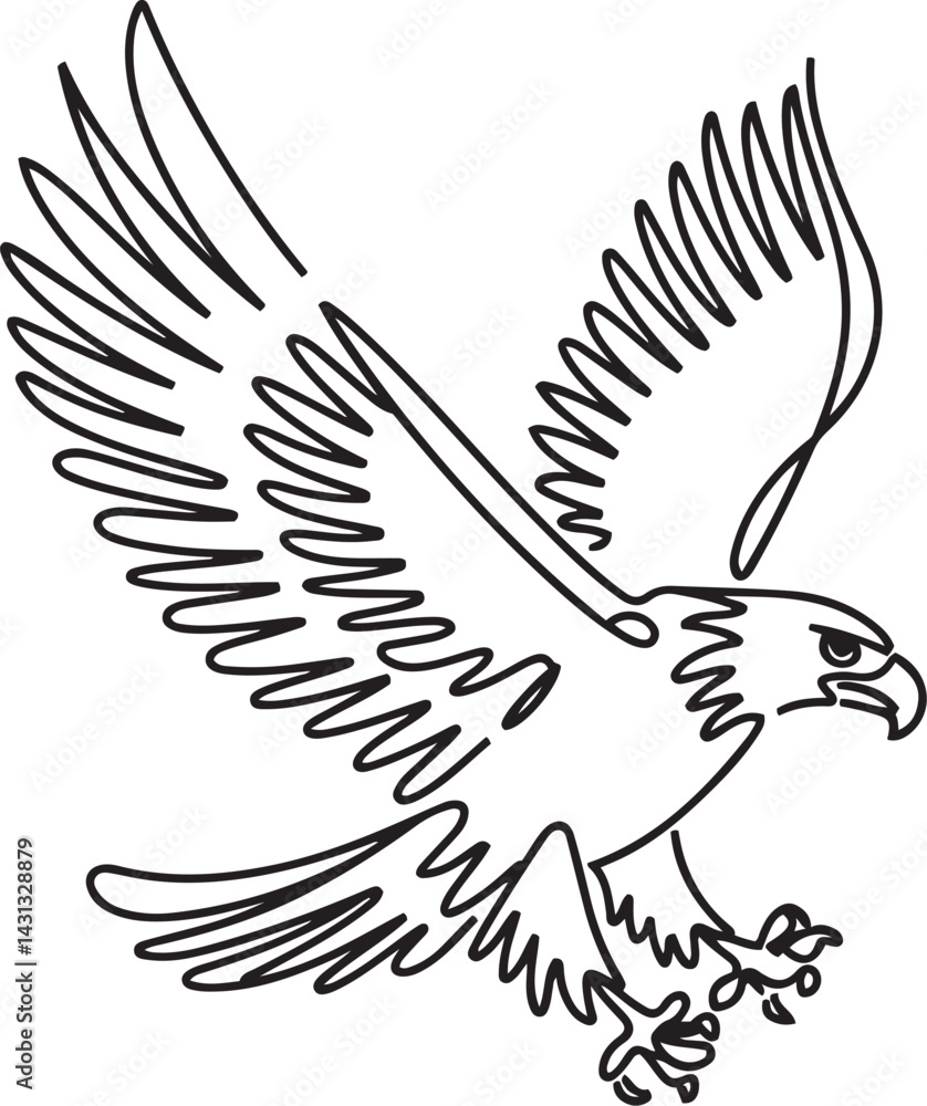 Fototapeta premium Minimalist vector line art of an eagle soaring with wings open and talons stretched captured in black and white continuous line drawing style
