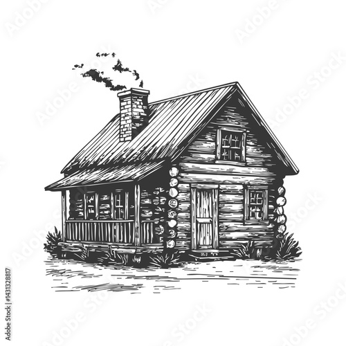 Rustic Log Cabin With Chimney Black And White Silhouette Illustration. Traditional Countryside Living And Simplicity. Isolated Vector Illustration