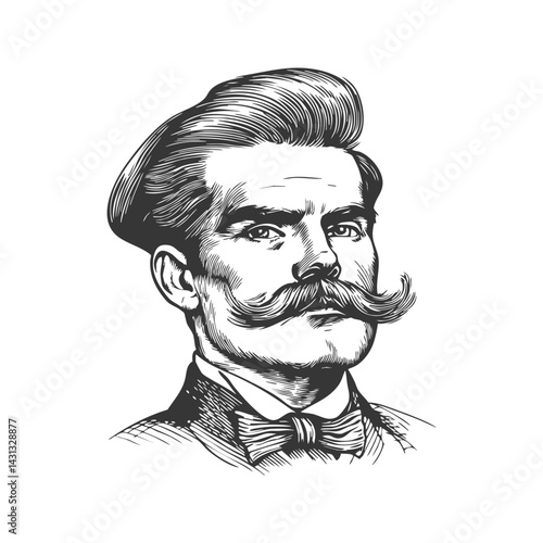 Vintage Gentleman With Mustache And Bow Tie Black And White Silhouette Illustration. Classic Style And Elegance Isolated Vector Illustration