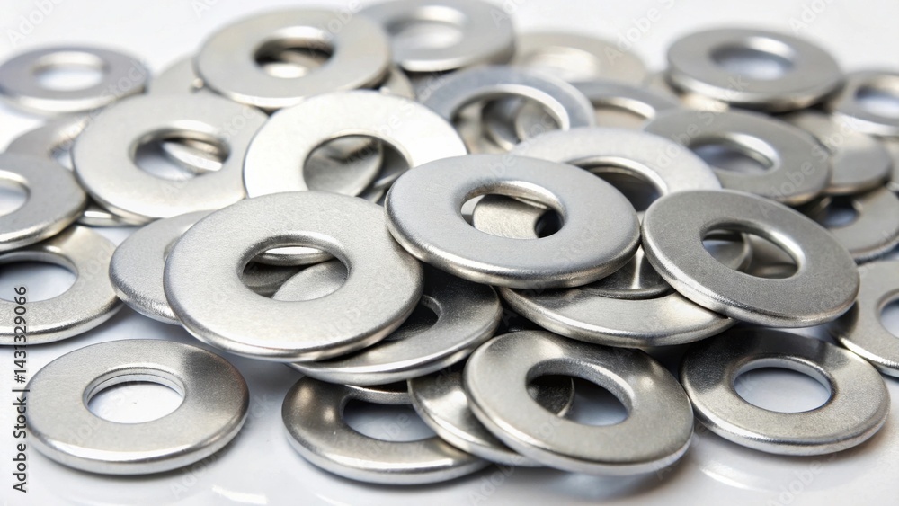Close-up view of a pile of shiny metallic washers, exhibiting a smooth surface texture and circular design, ideal for industrial or mechanical applications. Close-up view of a pile of shiny metallic washers, exhibiting a smooth surface texture and circular design, ideal for industrial or mechanical applications.