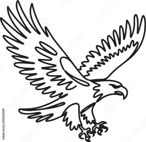Elegant continuous line art of a bird of prey flying with wings wide and talons ready drawn in black and white on a clean background in minimal style