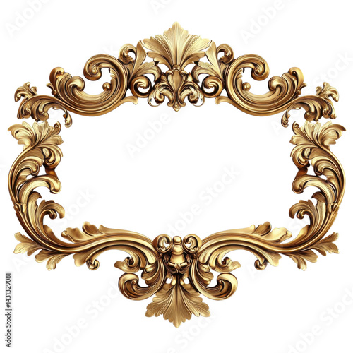 Baroque gold ornamental frame, vintage rococo scroll border, decorative gilded flourish emblem for invitations and logos isolated on Transparent Background