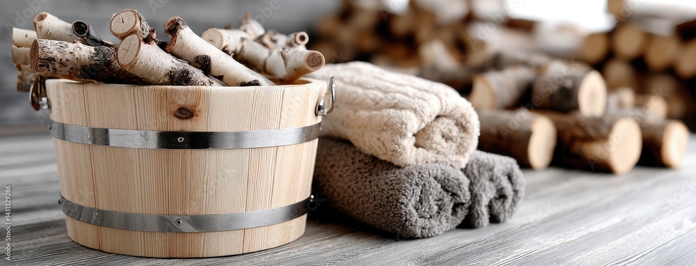 Wooden bucket and leaves provide a cozy atmosphere in a traditional Russian bathhouse with warm tones and soft towels