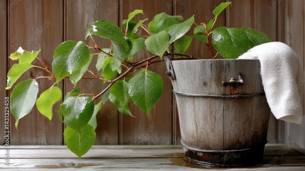 Wooden bucket filled with green birch leaves and a towel rests against a rustic brown wall in a traditional Russian bathhouse