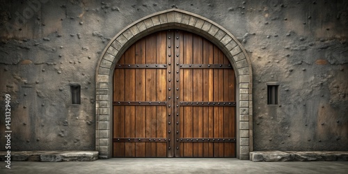 Wallpaper Mural A majestic arched wooden gate, reinforced with iron accents, stands proudly within a weathered stone wall, inviting exploration and wonder. Torontodigital.ca