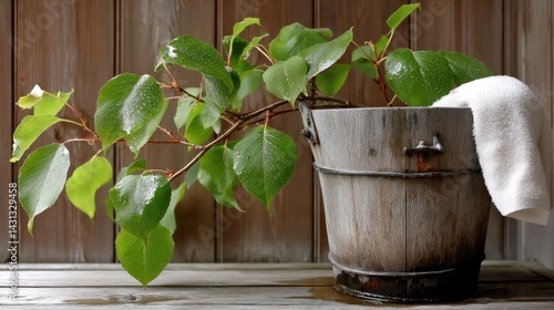 Obraz na płótnie Wooden bucket filled with green birch leaves and a towel rests against a rustic brown wall in a traditional Russian bathhouse w salonie