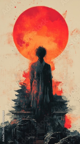 Silhouette of a person standing on a hill against a large red sun.