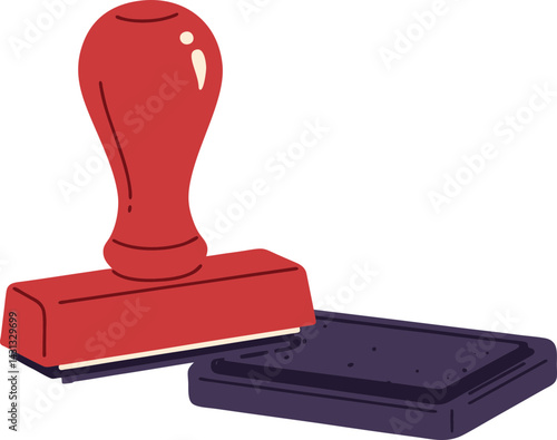Red Rubber Stamp with Black Ink Pad Flat Vector Illustration