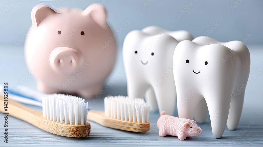 Dental tools and a cute piggy bank create an engaging dental care theme, showcasing items that promote oral hygiene and health