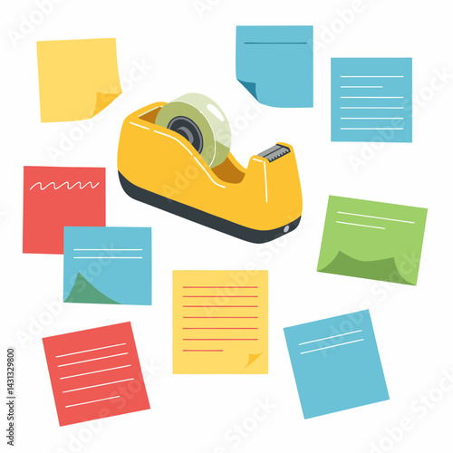 Yellow Tape Dispenser with Colorful Sticky Notes Flat Vector Illustration