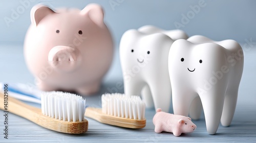 Dental tools and a cute piggy bank create an engaging dental care theme, showcasing items that promote oral hygiene and health