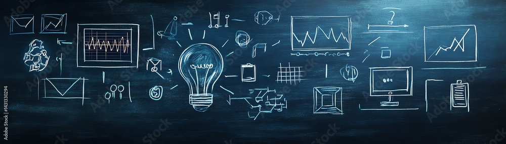 Naklejka premium sketched tech symbols on a blackboard surface, including touchscreen devices, binary code, and AI elements, representing creative digital education ideas
