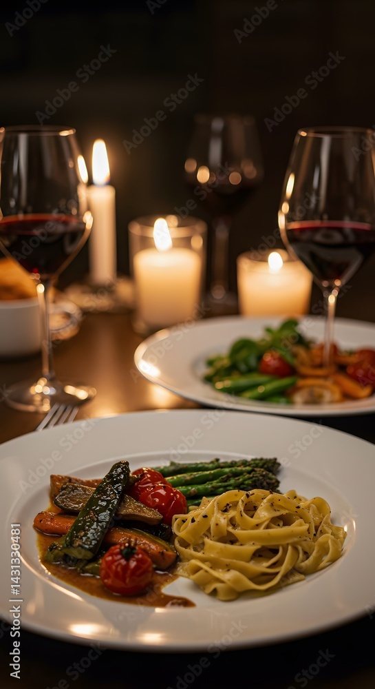 Romantic Dinner Setting: A close-up shot reveals a sophisticated dinner arrangement. Two glasses of rich red wine frame plates of delicious food illuminated by candlelight. Romantic Dinner Setting: A close-up shot reveals a sophisticated dinner arrangement. Two glasses of rich red wine frame plates of delicious food illuminated by candlelight.
