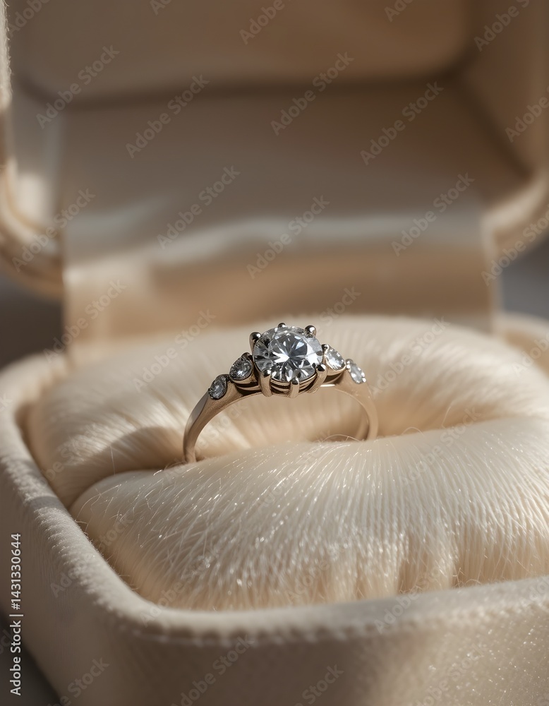 Obraz premium Elegant diamond ring in cream jewelry box with natural light showcasing brilliance and satin
