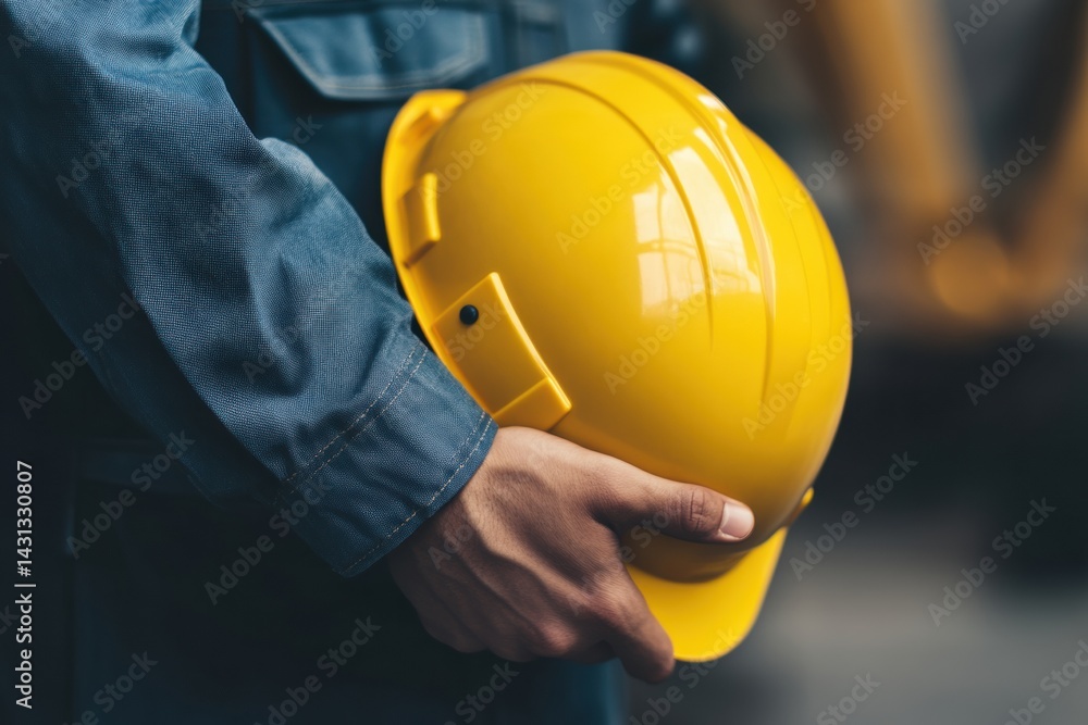 Male worker holding yellow hard hat in industrial setting Male worker holding yellow hard hat in industrial setting