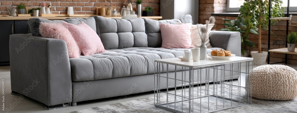 Close-up of a comfortable gray sofa with decorative pillow and rustic coffee table in a warmly decorated living room