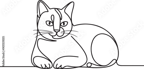 A minimalist vector illustration of a relaxed cat lying down and gazing forward drawn in continuous line art style in black on white representing calm and contentment