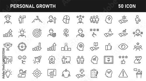 Personal Growth collections editable stroke outline web icons set. Personal growth, vision, creativity, leadership, success, skill, open mind, coaching and career progress. Vector illustration