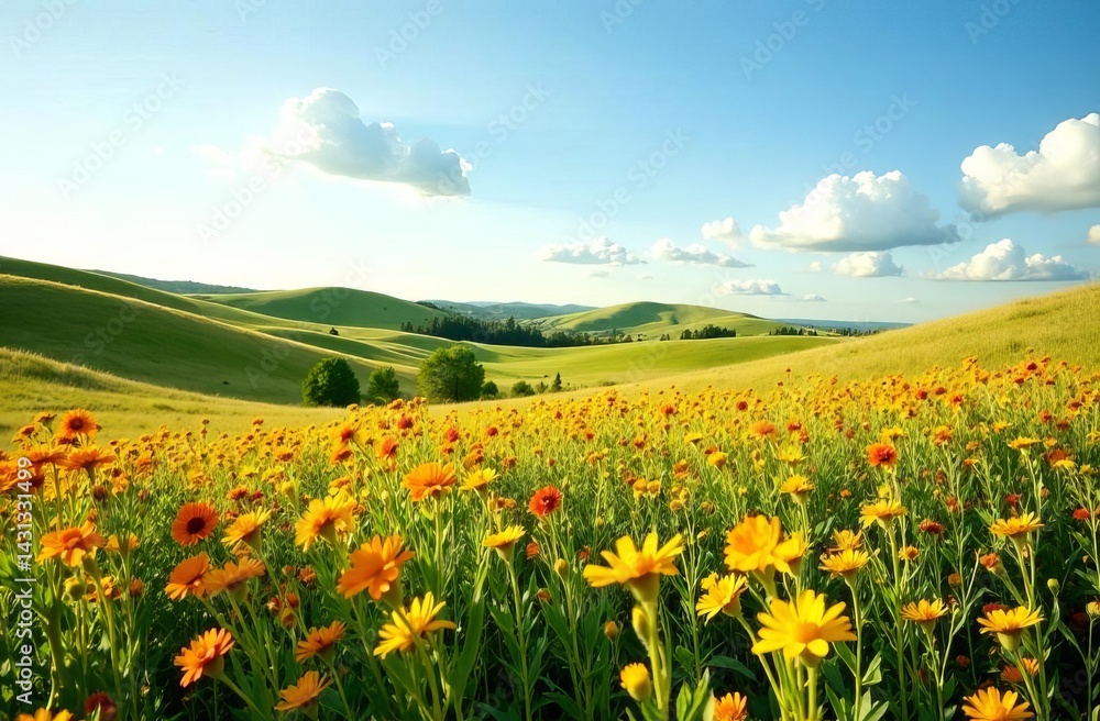 Fototapeta premium Magical colorful field. Meadow strewn with wild flowers.