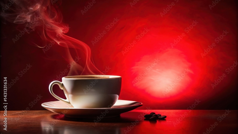 Obraz premium Aromatic Coffee Steam Rising from a White Cup on a Dark Red Background