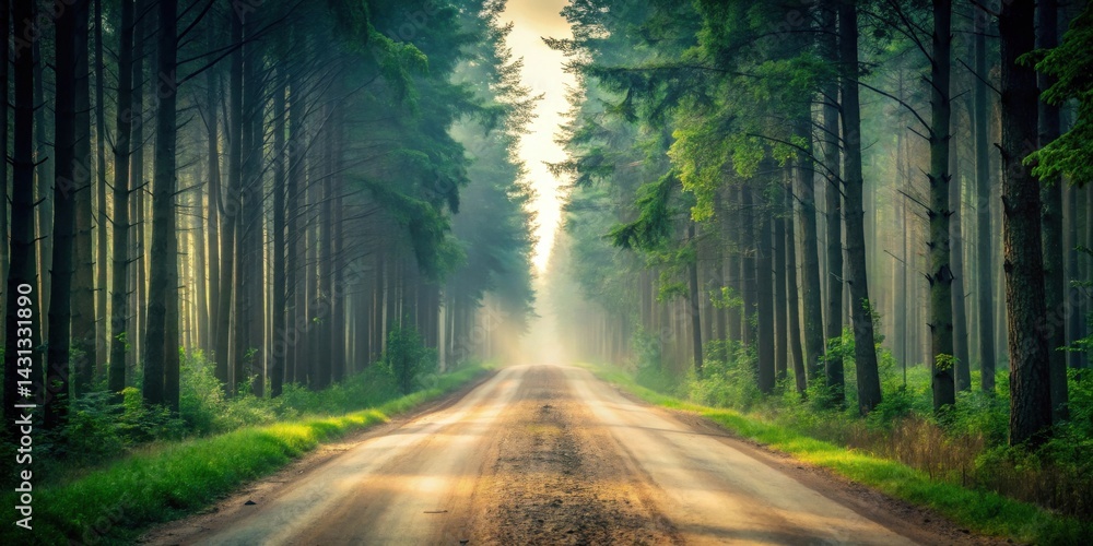 Obraz premium Serene Woodland Path A sunlit dirt road winds through a mystical, fog-laden forest of tall, slender trees, creating an ethereal and peaceful atmosphere.
